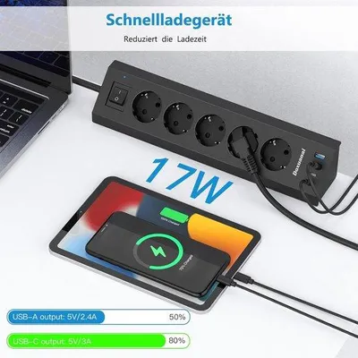 Obrázek produktu pro Zásuvková lišta s USB-C porty a úchytkou, 5 zásuvek. Víceúčelová zásuvková lišta s 4 USB porty, výkon 3680 W / 16 A, kabel o délce 2 metry, ochrana proti přepětí