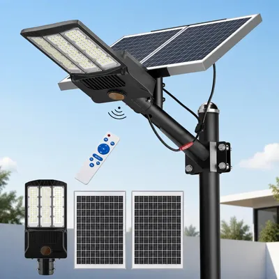 Produktbild von Solarlampe - Solar-Straßenleuchte für außen - 2 Solarpanels - Bewegungssensor - Fernbedienung - LED - IP65