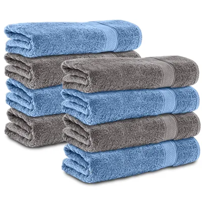 Produktbild von Komfortec 8er Duschtücher 70x140 cm Set aus 100% Baumwolle, 470g/m², Frottee, Weich, Anthrazit Grau/Hellblau