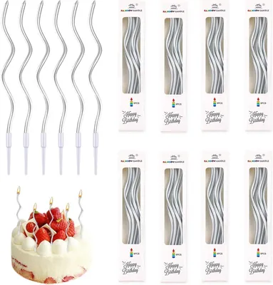 Imagen del producto de 48 velas de cumpleaños curvadas, en espiral, para tartas, color plateado, metálicas, doradas, velas de cumpleaños delgadas y largas con soporte, ideales para tartas y cupcakes