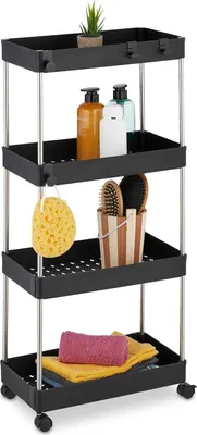 Obrázok produktu pre 4-poschodový kuchynský vozík na kolieskach - Kúpeľňový vozík s policami do niky - 88 x 41,5 x 23,5 cm - Plastová nerezová oceľ čierna