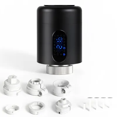 Obrázek produktu pro Vigevee Chytrý termostat pro radiátory, WiFi, ovládání přes aplikaci, kompatibilní s platformami Smart Life/Tuya, 7 adaptérů pro ventily, černý, 1 kus