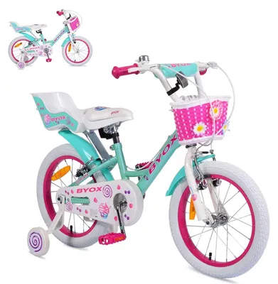 Produktbild von Byox Kinderfahrrad 16 Zoll Cupcake, Stützrädern, Puppensitz, Korb, Metallrahmen pink