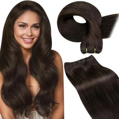 Immagine prodotto di Ciuffi di capelli veri da cucire, color marrone scuro, extension in capelli umani Remy, lisci, 100g, tonalità #4, lunghezza 50 cm