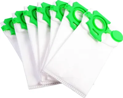 A group of vacuum cleaner bags with green plastic connectors, arranged in a fanned-out pattern against a white background.