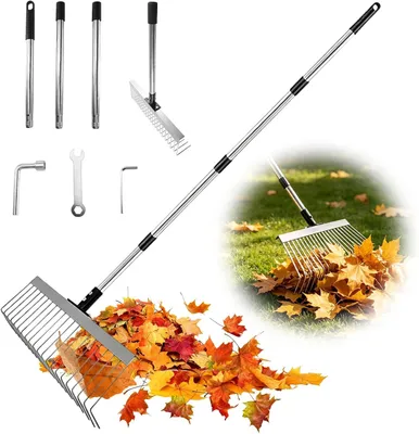 Zdjęcie produktu dla Regulowane Grabie 53-160 cm, 21 zębów, 40 cm metalowa główka, stal nierdzewna, do pielęgnacji trawnika