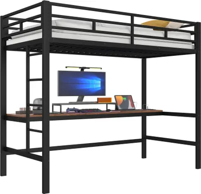 Produktbild von Jugendbett 90x200 cm ohne Matratze Schwarz Metall Funktionsbett Metallbett Einzelbett Gaestebett Hochbett GelaenderTrittleiter USBnSteckdose