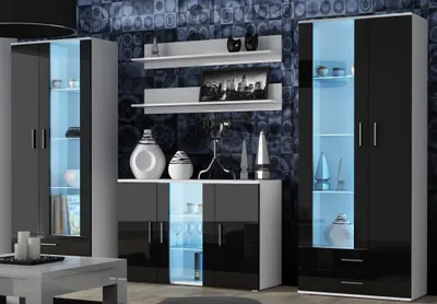 Produktbild von Furniture24 Wohnwand SOHO 10 mit Blauer LED Beleuchtung, Anbauwand, Wohnzimmerschrank, Schrankwand, Vitrine, Lowboard, Hängeregal Weiß/Schwarz Hochglanz