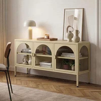 Produktbild von Vitrinen-Sideboard 'Klippestad' mit 3 Türen Stahl 118 x 35 x 55 cm Kamelfarben