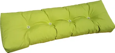 A light green tufted cushion is shown against a white background.