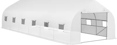 Image de Outsunny Serre tunnel 24 ㎡ avec bâche PE cadre en acier galvanisé Ø 24 mm 12 fenêtres et porte roulante vertes 8 x 3 x 2 m blanc