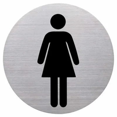Produktbild von Hinweisschild „WC-Damen“ aus gebürstenem Edelstahl, Ø 115 mm, selbstklebend