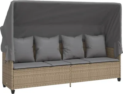 Produktbild von vidaXL Sonnenliege mit Dach und Kissen Beige Poly Rattan
