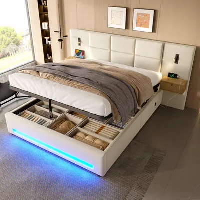 Produktbild von okwish Polsterbett 180×200 Doppelbett mit Hydrauliksystem,Jugendbett ohne Matratze,Stauraumbett mit Integrierte USB-Type-C-Anschlüsse und Schubladen,Beige