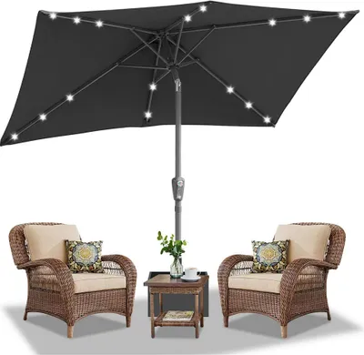 Produktbild von Faziango 140x210m Sonnenschirm UV50+ Neigbar Sonnenschutz Gartenschirm Strandschirm LED Solar, knickbar, Schirmtuch mit PA-Beschichtung, Grau