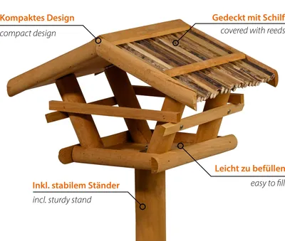 Produktbild von Dobar Großes Vogelfutterhaus aus massivem Nadelholz mit Schilfdach, inkl. Ständer