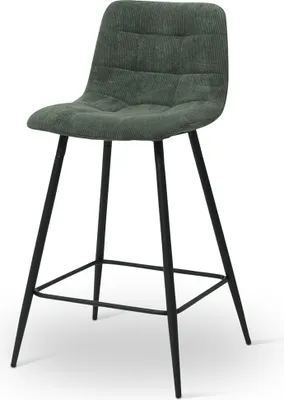 A green corduroy bar stool with black metal legs on a white background.