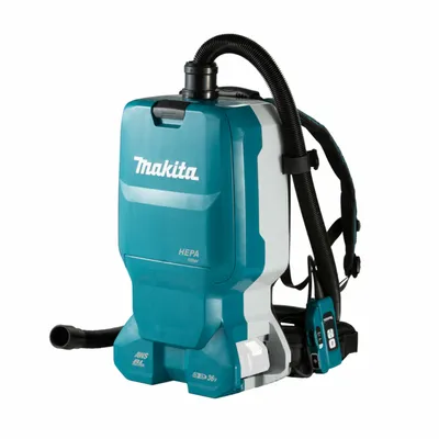 A teal and white Makita backpack vacuum cleaner is shown against a white background.