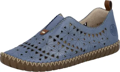 Produktbild von Rieker Damen Slipper Leder Mokassin Cutouts Lochmuster Stretch M2852, Größe:39 EU, Farbe:Blau