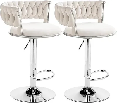 Produktbild von Barhocker 2er Set mit Samtsitz (Beigeweiß) | Barhocker Höhenverstellbar mit Samtsitz, Barstuhl 2er Set, Bar Stool, Küchenhocker, für Bar Küche Theke Café