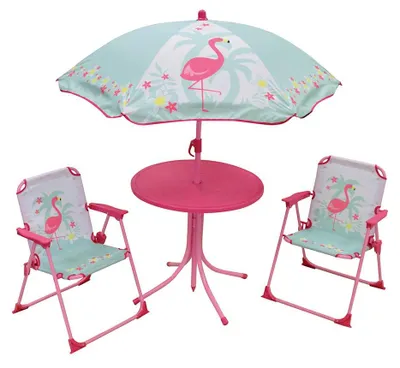 Imagen del producto de Conjunto de mobiliario infantil con mesa, 2 sillas plegables y una sombrilla, de colores variados, para uso en exteriores