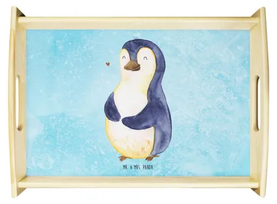 Produktbild von Mr. & Mrs. Panda Tablett Pinguin Diät - Eisblau - Geschenk, Deko, Serviertablett, Abnehmen, Bauch, Holztablett, sofatablett, Sofa