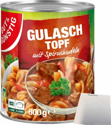 Produktbild von Gut & Günstig Gulaschtopf mit Spiralnudeln und würzigem Schweinefleisch (800g Dose) + usy Block