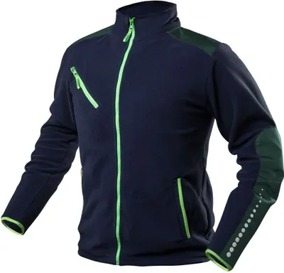 A navy blue fleece jacket with green accents and zippers, shown against a white background.