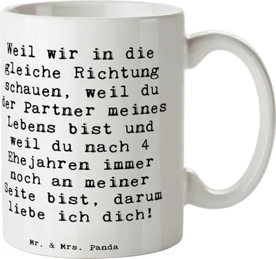 Produktbild von Mr. & Mrs. Panda Kaffeebecher Spruch 4. Hochzeitstag Seidenhochzeit - Weiß - Geschenk, Trinkbecher, Tasse, Motivtasse, Liebe, Hochzeit, Geschenke, Becher, Teetasse