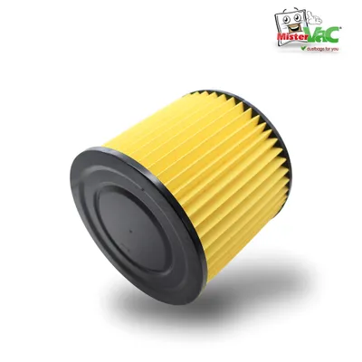 A yellow pleated filter with a black rim, isolated on a white background.