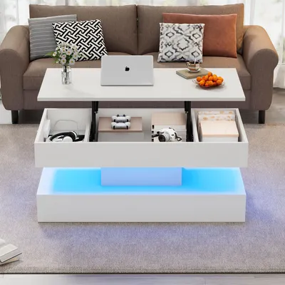 Produktbild von Couchtisch 100 x 50 x 42 cm, 100% Spanplatte, Weiß, höhenverstellbarer couchtisch mit LED-Beleuchtung und verstecktem Stauraum