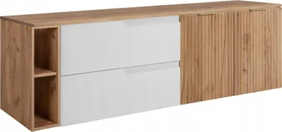 Zdjęcie produktu dla RODAN | Szafka pod umywalkę - Brązowa i Biała - 140 cm - Z Blatem - 2 Szuflady - MDF - Szafka z 2 Drzwiami - Zintegrowana Półka - MODERN