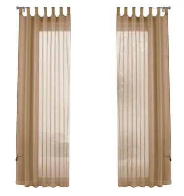 Two sheer curtains hanging against a white background.