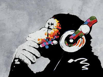 Produktbild von Streetart Kunstdruck Bild - Banksy Affe mit Kopfhörern, Musik (60 x 80 cm)