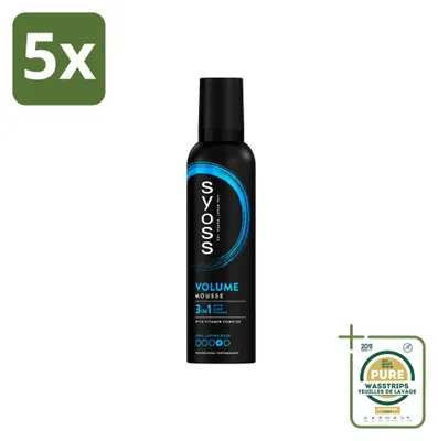 Immagine prodotto di 5 confezioni di schiuma volumizzante per capelli Syoss, da 250 ml ciascuna. Confezione da 5 pezzi