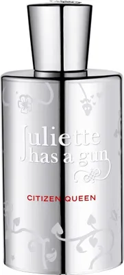 A silver perfume bottle with white floral designs and text.