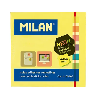 Zdjęcie produktu dla Milan 4155400, Kwadrat, Niebieski, Zielony, Liliowy, Pomarańczowy, Różowy, Biały, Żółty, 76 mm, 76 mm, 400 ark., 75 mm