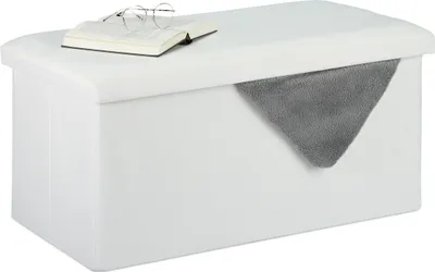 Produktbild von Relaxdays Sitzbank mit Stauraum, Leinen-Optik, gepolstert, Flur, Schlafzimmer, Truhenbank, HBT 38 x 76,5 x 38,5 cm, weiß