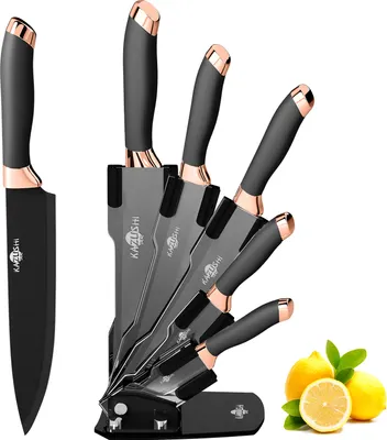 Produktbild von KAZUSHI Messerblock mit Messer 6-teilig, Scharfe Küchenmesser, Profi Messerset mit Block, Edelstahl Messer Set - Schwarz (KA-KN61)
