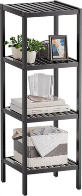 Image de Étagère d'organisation de salle de bain à 4 niveaux Bambou noir 4 compartiments de rangement - stable & polyvalent - salon chambre cuisine