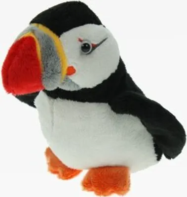 A stuffed toy puffin is shown against a white background.