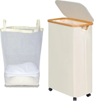 Immagine prodotto di Cesto portabiancheria pieghevole da 75 litri con coperchio e ruote, manici in bambù, beige