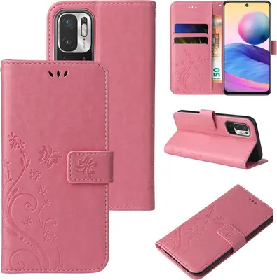 A collage of images showing a pink floral butterfly flip phone case for a Xiaomi Redmi Note 10 5G.