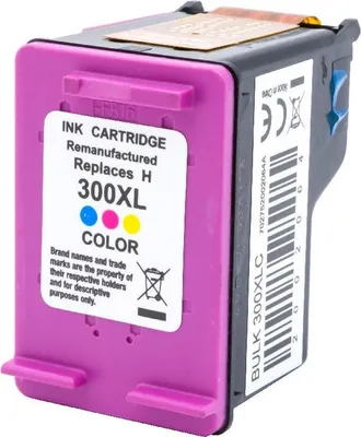 A close-up studio shot of a remanufactured HP 300XL color ink cartridge.