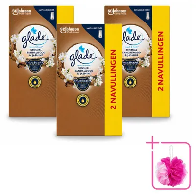 Zdjęcie produktu dla 3 sztuki wkładów do dyfuzora Glade Touch & Fresh – zapach Sandalwood & Jasmine – 10 ml – zestaw ekonomiczny