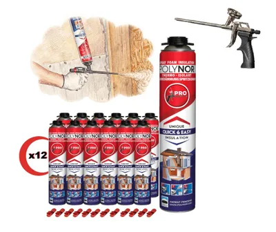 Obrázok produktu pre Tepelná izolácia POLYNOR PUR v plechovke PRO – Sada – 12 plechoviek peny – Striekacie pištole na penu – Striekaná tepelná izolácia – Izolácia stien, striech a stropov