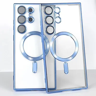 Two phone cases are displayed side-by-side against a white background. The cases are clear with blue trim and feature a circular cutout for MagSafe compatibility and a camera lens cutout.