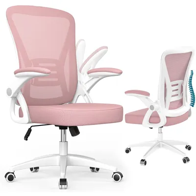 Image de Chaise de bureau ergonomique – dossier en maille respirante, soutien lombaire intégré, accoudoirs rabattables à 90°, Rose