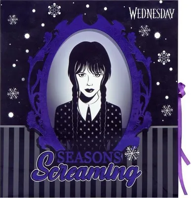 A promotional image for a Wednesday Addams themed advent calendar, featuring the character in a decorative frame with snowflakes and holiday-themed text.