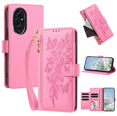 Image de Étui pour Honor 200, en cuir synthétique (PU), type portefeuille, avec compartiments, support pour cartes et boucle. Couleur : rose